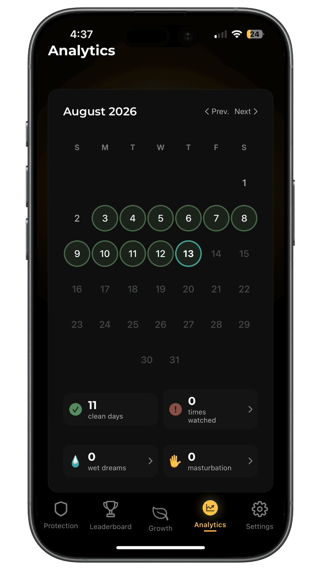 HAJR analytics screen showing a monthly calendar with marked days and a private progress summary