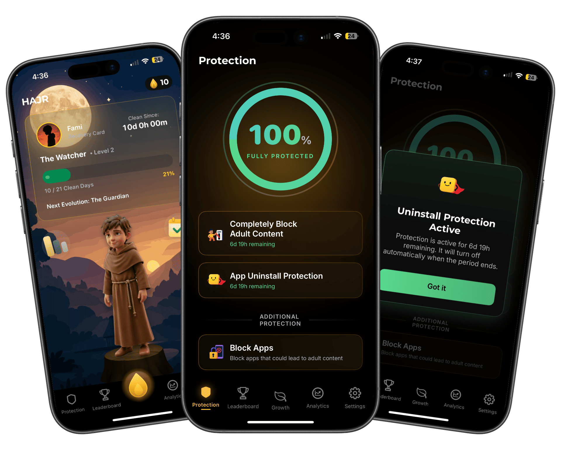 HAJR app screens showing recovery progress, protection controls, and timed uninstall protection