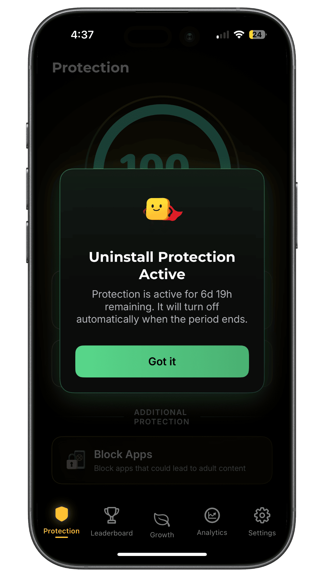 HAJR app uninstall protection screen showing it is active and the time remaining